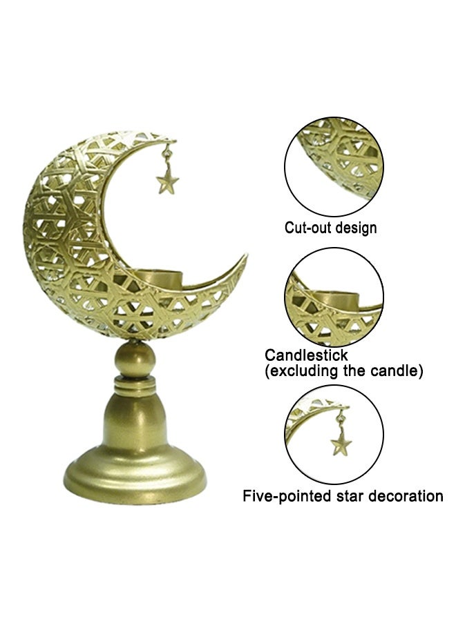 Golden Hollow Cutout Crescent Moon Iron Candle Holder, Ramadan Eid Tabletop Aromatherapy Candle Stand, Decorative Islamic Centerpiece Ornament Gift for Home Bedroom Office Villa - Image 4